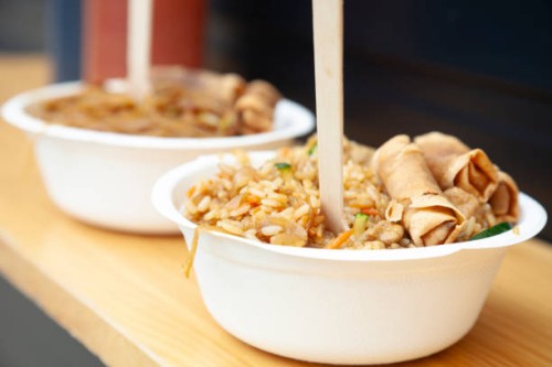 chinese food served in a bowl on the street - junk food stock pictures, royalty-free photos & images