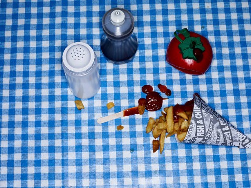 chips with ketchup on blue check tablecloth - junk food stock pictures, royalty-free photos & images