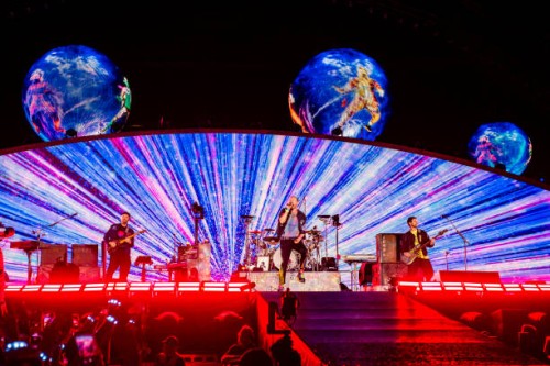 Chris Martin and Jonny Buckland , Guy Berryman and Will Champion of the band Coldplay perform at Stadio Diego Armando Maradona on June 21, 2023 in...