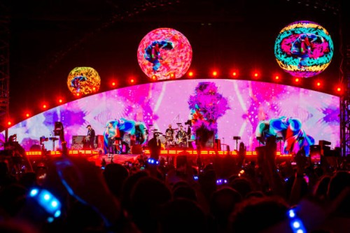 Chris Martin , Jonny Buckland , Will Champion and Guy Berryman of the group Coldplay Performs at Stadio Olimpico on July 12, 2024 in Rome, Italy.