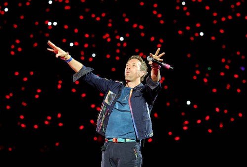 Chris Martin of Coldplay performs on a stop of the band's Music of the Spheres world tour at Allegiant Stadium on June 06, 2025 in Las Vegas, Nevada.