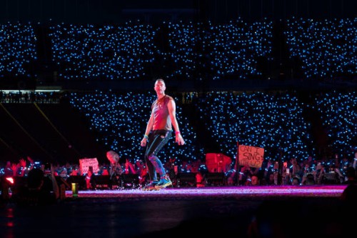 Chris Martin of Coldplay performs on stage at Estadi Olimpic on May 24, 2023 in Barcelona, Spain.