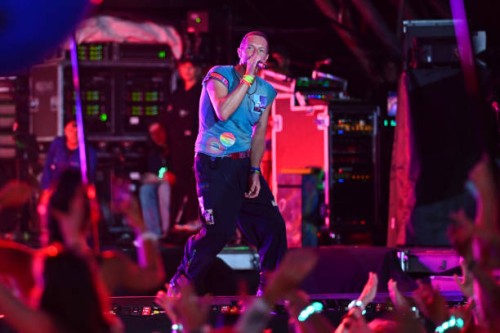 Chris Martin of the band ColdPlay perform on stage during day four of Glastonbury Festival 2024 at Worthy Farm, Pilton on June 29, 2024 in...