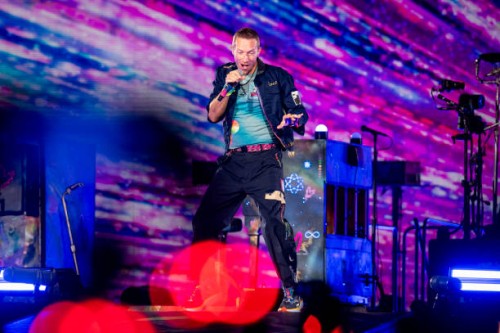 Chris Martin of the group Coldplay Performs at Stadio Olimpico on July 12, 2024 in Rome, Italy.