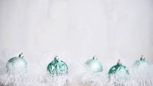 christmas background with teal green ornaments and tinsel - home decoration stock pictures, royalty-free photos & images
