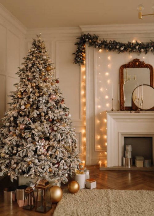 christmas concept. festive christmas rich interior in a luxurious modern style with a fireplace and decorated with christmas balls and garlands of christmas trees in a large bright living room in the apartment on new year's e