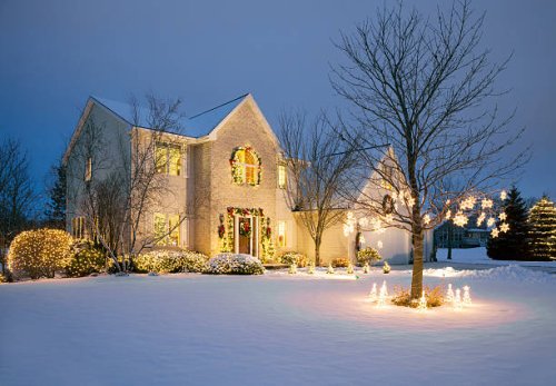 christmas decorated home with holiday lighting, snow - garden decoration stock pictures, royalty-free photos & images
