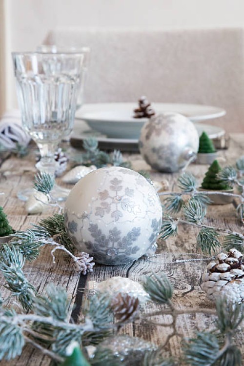 christmas decoration on laid table - home decoration stock pictures, royalty-free photos & images