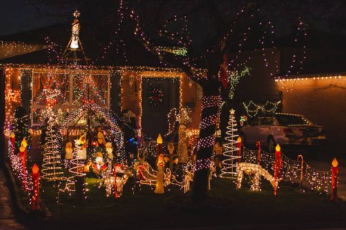 christmas decorations in the front yard - garden decoration stock pictures, royalty-free photos & images