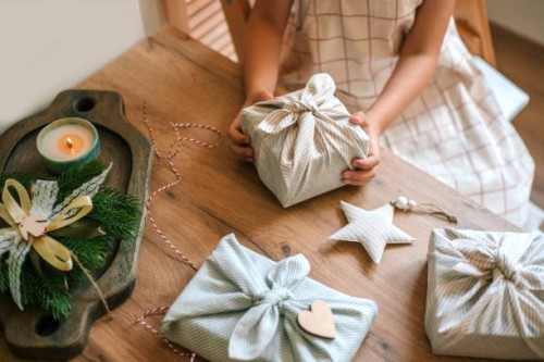 christmas furoshiki wrapping. zero waste concept. - home decoration stock pictures, royalty-free photos & images