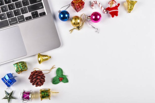 christmas home office desk with laptop, christmas gift, decorations. flat lay, top view, copy space - garden decoration stock pictures, royalty-free photos & images