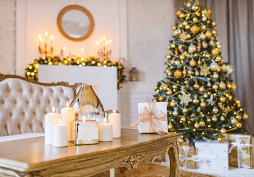 christmas living room decoration, white and gold colors interior decoration background, xmas home decoration with presents, christmas lights and tree indoors - home decoration stock pictures, royalty-free photos & images