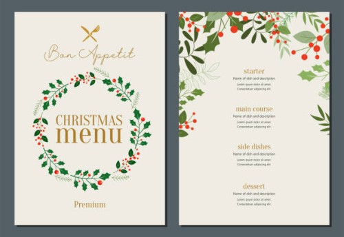 christmas menu with wreath frame - food stock illustrations
