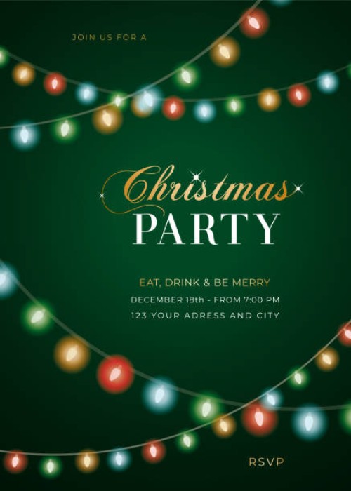 christmas party invitation and greeting card with string lights background. - home decoration stock illustrations