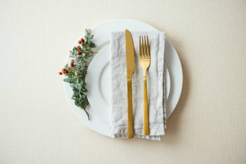 christmas preparations: top view of elegant table setting - home decoration stock pictures, royalty-free photos & images