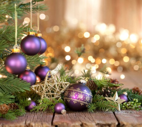 christmas purple baubles and gold lights background - home decoration stock pictures, royalty-free photos & images
