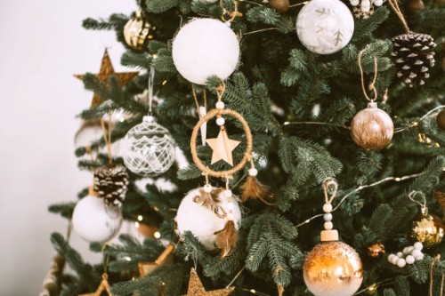 christmas tree decorated with baubles and lights. new year celebration concept. - home decoration stock pictures, royalty-free photos & images