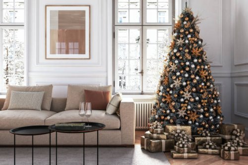 christmas tree in living room interior - stock photo - home decoration stock pictures, royalty-free photos & images