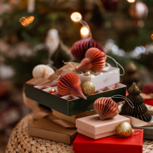 christmas tree ornament bauble and christmas gifts still life arrangement - home decoration stock pictures, royalty-free photos & images