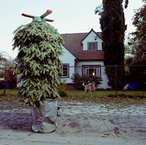 christmas tree upside down in trash can in front of house - garden decoration stock pictures, royalty-free photos & images
