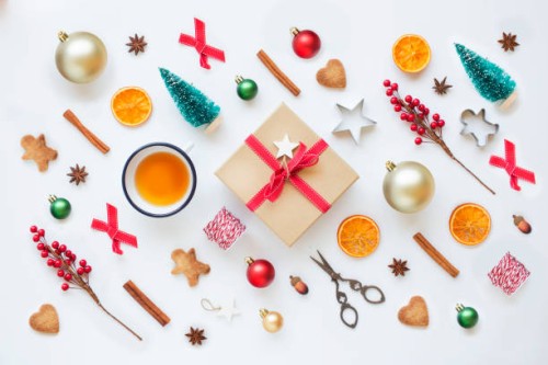 christmas wrapped gift box, art and craft decorative items on white background. - home decoration stock pictures, royalty-free photos & images