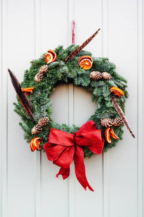 christmas wreath with pheasant feathers - home decoration stock pictures, royalty-free photos & images