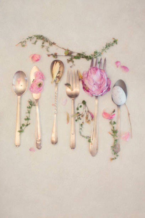 circa 1920 silverware with pink flowers - home decoration stock pictures, royalty-free photos & images