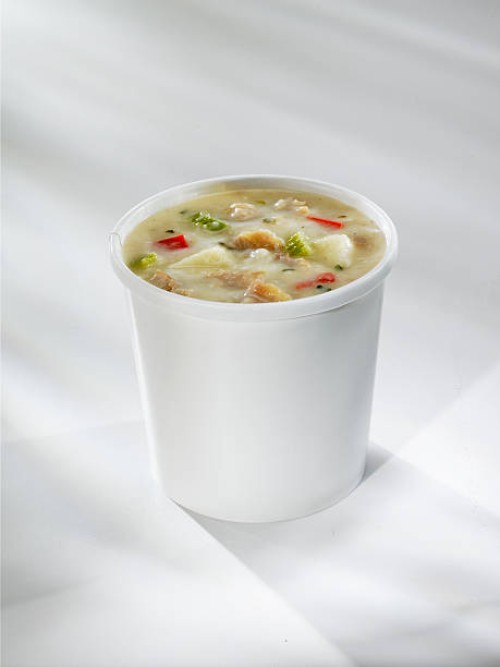 clam chowder in take out cup - junk food stock pictures, royalty-free photos & images
