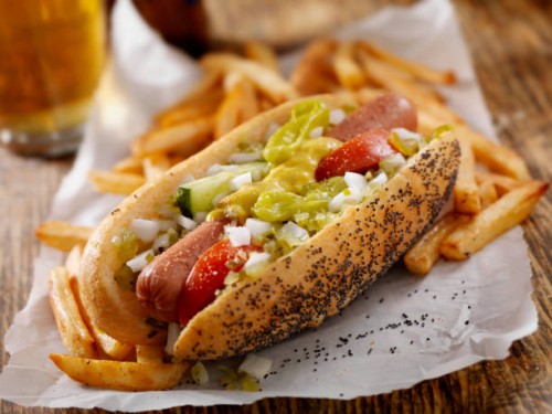 classic chicago dog with fries - junk food stock pictures, royalty-free photos & images