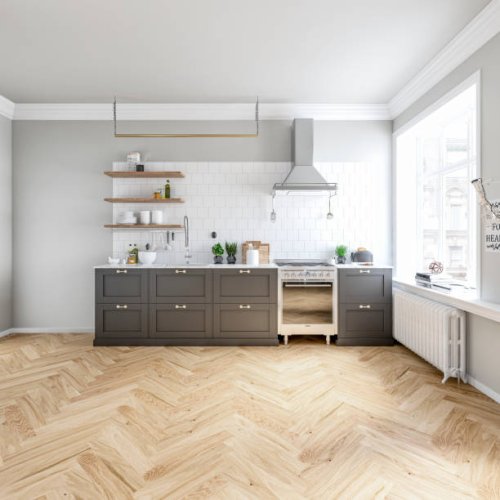 classic elegant interior - a modern, but classic kitchen with a gray and white wall background, french-style windows - empty space for presenting furniture and appliances - food stock pictures, royalty-free photos & images