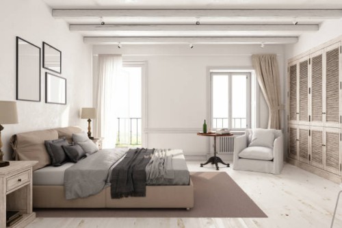 classic scandinavian bedroom - home decoration stock pictures, royalty-free photos & images