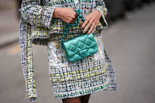 Close-up detail view of a Chanel bag, outside Chanel, during the Womenswear Fall/Winter 2024/2025 as part of Paris Fashion Week on March 05, 2024 in...