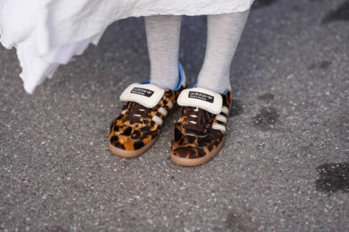Close-up detail view of Adidas brown leopard print sneakers shoes , outside Gestuz, during the Copenhagen Fashion Week AW24 on February 01, 2024 in...