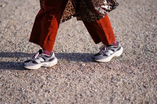 Close-up detail view of New Balance sneakers shoes , outside Marimekko, during the Copenhagen Fashion Week AW24 on February 01, 2024 in Copenhagen,...