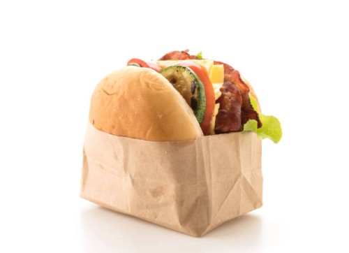 close-up of bacon burger on white background - junk food stock pictures, royalty-free photos & images