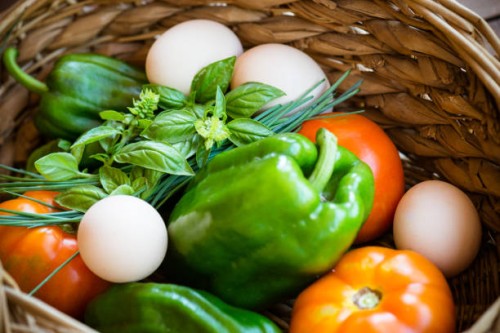 close-up of fresh, organic, healthy vegetable harvest variety in basket with eggs - garden decoration stock pictures, royalty-free photos & images