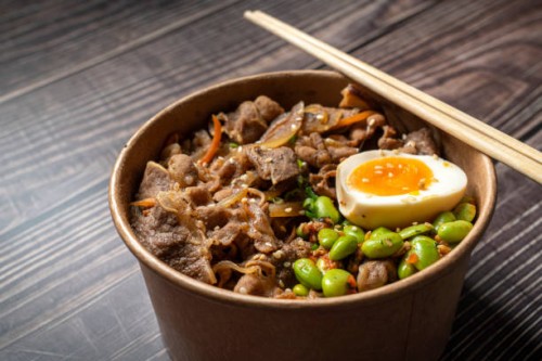 close-up of gyudon, japanese traditional food - junk food stock pictures, royalty-free photos & images