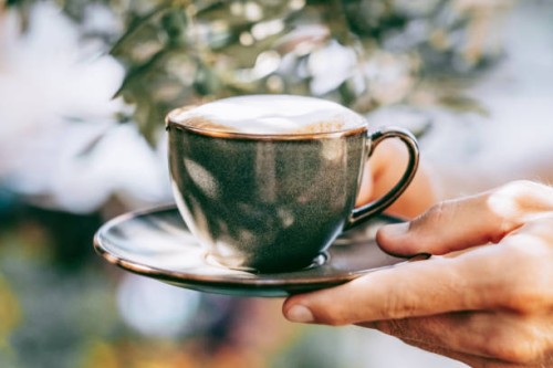 close-up of hands holding a cup of cappuccino in a sunlit garden, with soft focus greenery in the background. concept of enjoying coffee outdoors. - garden decoration stock pictures, royalty-free photos & images