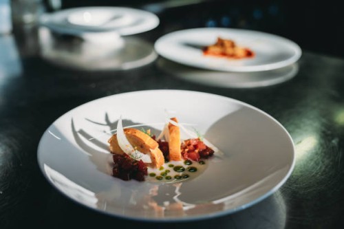 close-up shot of a gourmet plate at the restaurant - food stock pictures, royalty-free photos & images