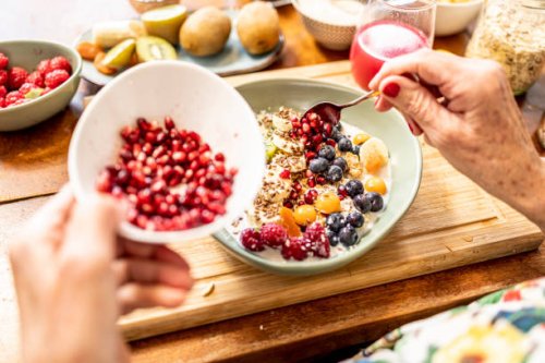 close up of healthy fruit bowl - superfood with yogurt and fruits - food stock pictures, royalty-free photos & images