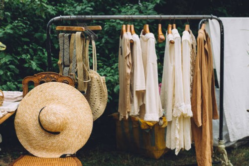 clothes hanger with dresses in the woods. - fashion stock pictures, royalty-free photos & images