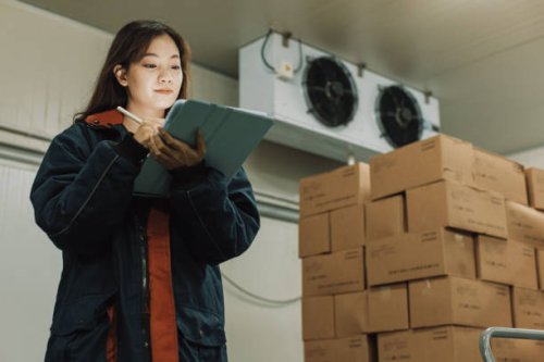 cold storage worker woman using digital tablet to check stock. - food stock pictures, royalty-free photos & images