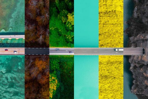 collage composition matching roads from directly above in different scenarios and seasons. - travel stockfoto's en -beelden