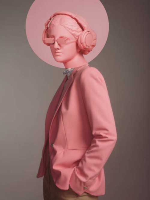 collage mit frau und griechische göttin tragen kopfhörer - fashion stock-fotos und bilder