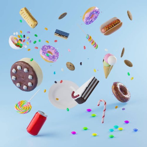 collage of sweets 3d illustrations against blue background - junk food stock pictures, royalty-free photos & images