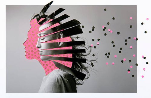 collage of woman thinking - hairstyle stockfoto's en -beelden