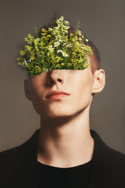 collage with male portrait and flowers - fashion stock pictures, royalty-free photos & images