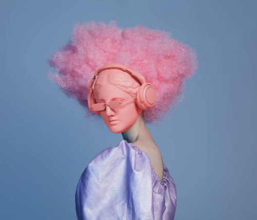 collage with woman and greek goddess wearing headphones - fashion stock pictures, royalty-free photos & images