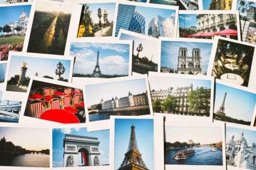 collection of instant travel holiday photos of paris on a table - travel stock pictures, royalty-free photos & images