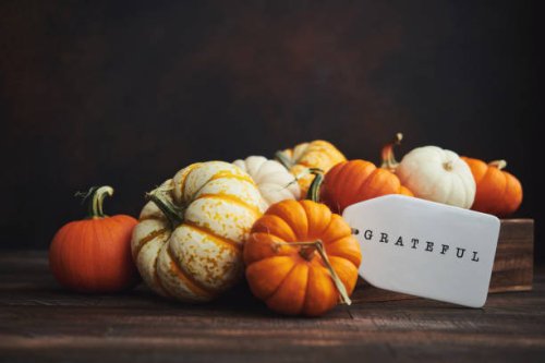 collection of miniature pumpkins in wooden crate with grateful message for fall and thanksgiving - home decoration stock pictures, royalty-free photos & images